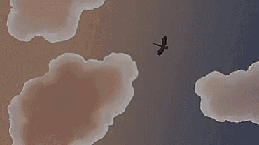 a bird is flying through the clouds in a painting .