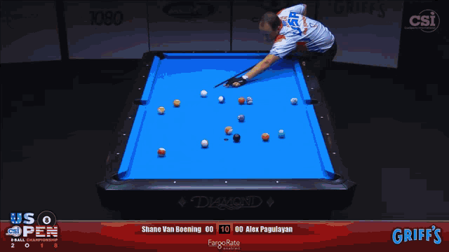 a pool table with a griffs logo on the bottom right corner