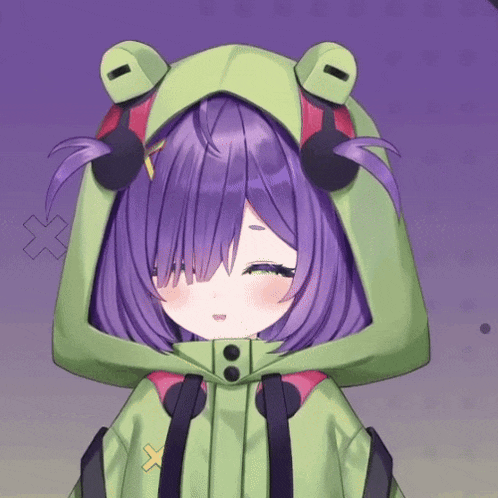 a girl with purple hair is wearing a green frog hooded jacket