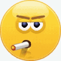 a yellow smiley face is smoking a cigarette with an angry look on his face .