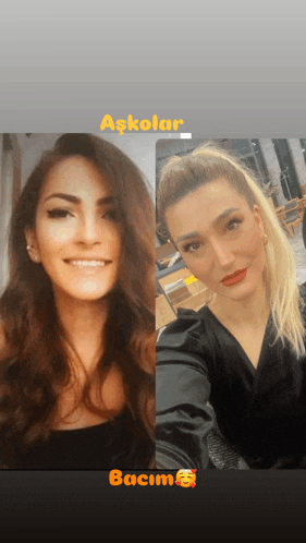 two women are posing for a picture with the words " aşkolar " on the bottom