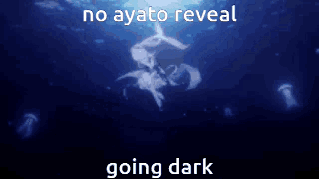 a blue background with jellyfish and the words no ayato reveal going dark on it