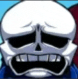 a close up of a cartoon skeleton with a sad look on his face .