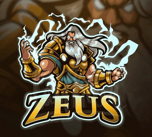 a logo for zeus shows a man with a beard and lightning