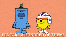 two mr men standing next to each other with the words " i 'll take a hundred of them " below them