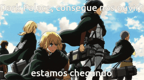 a group of anime characters are standing in front of a blue sky with the words dark palace conseguie nos ouvir