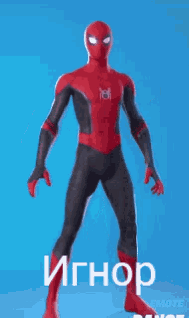 a man in a spiderman suit is standing in front of a blue background with the word ignor written on it .