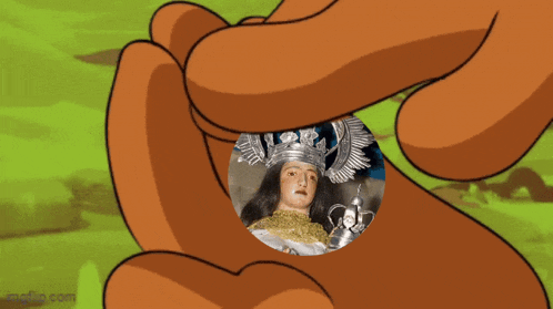 a cartoon hand holding a picture of a woman with a crown