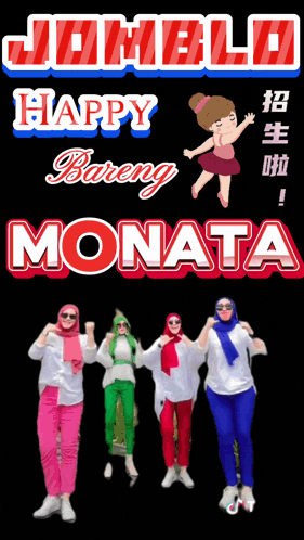 a group of women are standing in front of a sign that says happy bareng monata