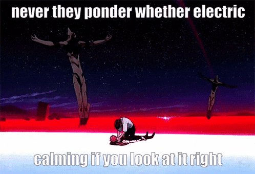 a meme that says never they ponder whether electric is calming if you look at it right