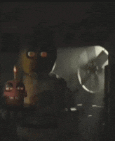 a cartoon character is standing in a dark room next to a fan and a cake .