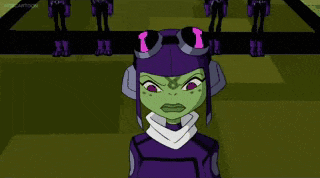 a cartoon character wearing a purple helmet and goggles