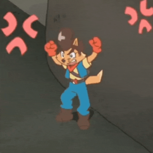 a cartoon character is standing in front of a wall with his arms in the air .