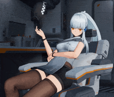 a girl with white hair is sitting in a chair and holding a fan