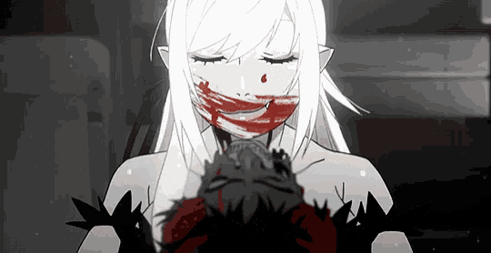 a black and white drawing of a woman with blood on her face holding a man 's head .