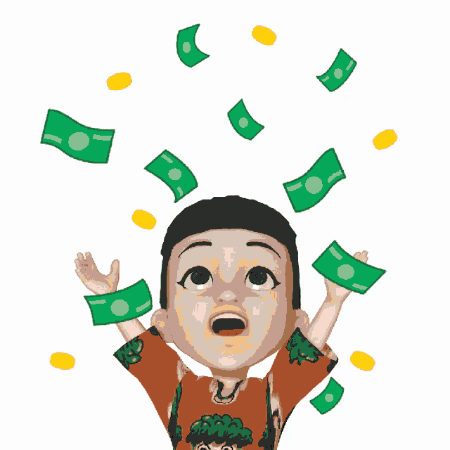 a cartoon character is holding a stack of money in his hands