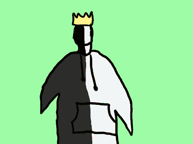 a drawing of a person wearing a black and white hoodie and a crown