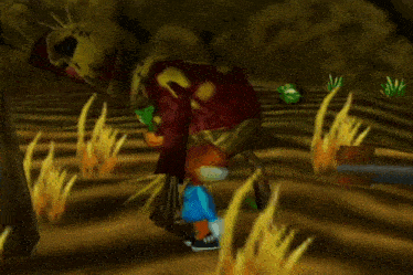 a cartoon character is standing in a field with a skeleton in the background