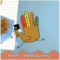 a cartoon turkey wearing a pilgrim hat is running on a thanksgiving card .