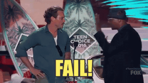 two men standing next to each other with the word fail on the screen