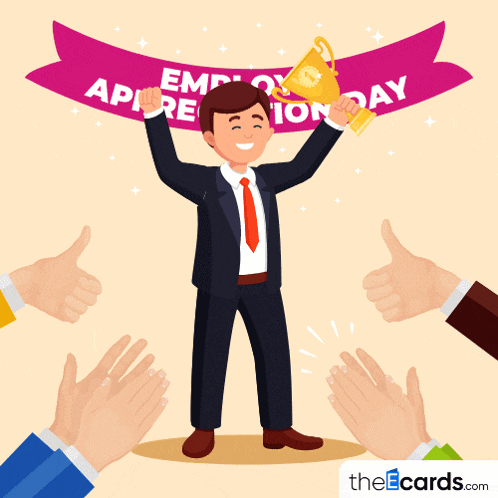 a man in a suit and tie is holding a trophy in front of a banner that says employee appreciation day