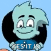 a cartoon character is wearing a blue shirt that says `` yes , it is '' .