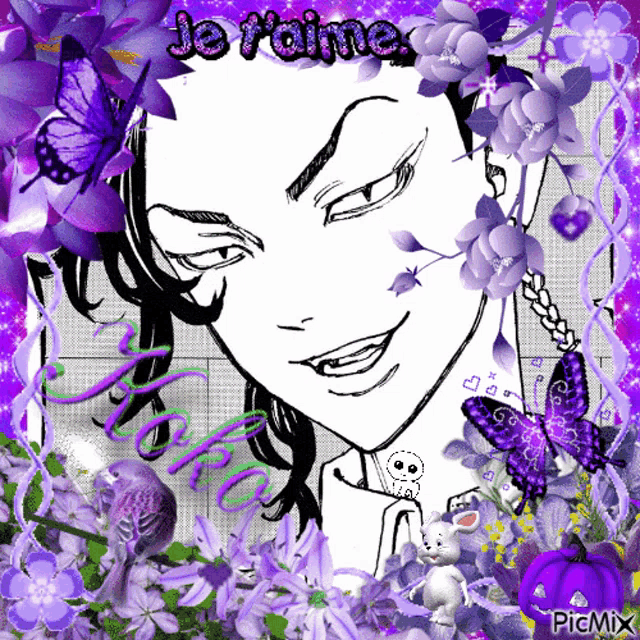 a black and white drawing of a man with purple flowers and the words je t'aime at the top