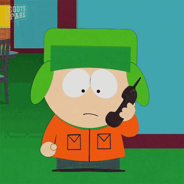 a cartoon character from south park talks on a cell phone