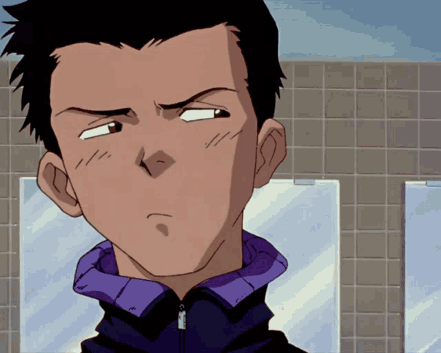 a close up of a person 's face with a purple jacket on