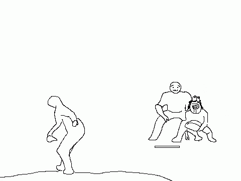 a black and white drawing of a man jumping in the air while another man is laying on the ground .