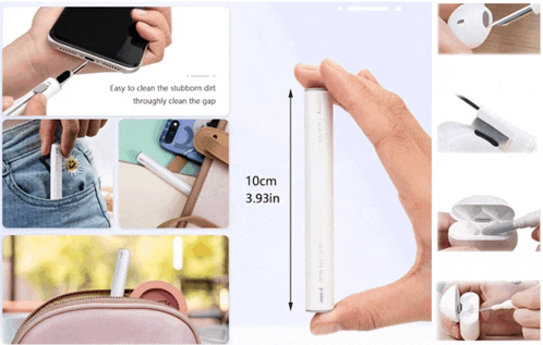a person holding a white device that says easy to clean the stubborn dirt throughly clean the gap on it