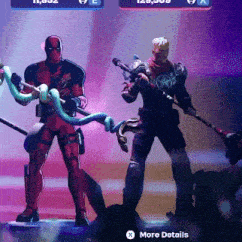 two action figures are standing next to each other with a more details button
