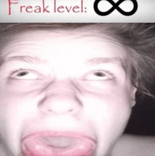 a woman making a funny face with the words freak level written on the top