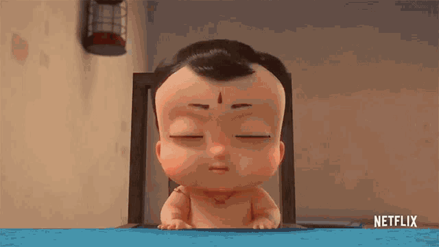 a close up of a cartoon baby with its mouth open