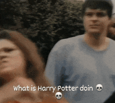 a group of people standing in a line with the words what is harry potter doin