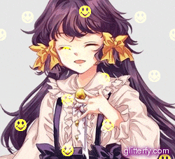 a girl with purple hair and yellow bows has smiley faces on her face