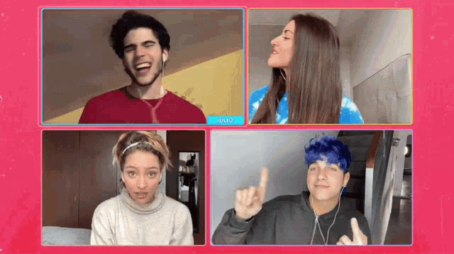 a group of people are having a video call and one of them is wearing a headband that says julia