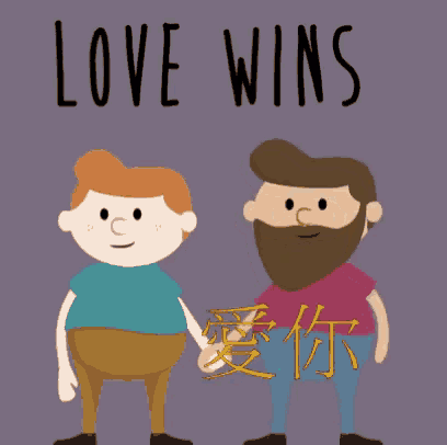 a cartoon illustration of two men holding hands with the words love wins above them