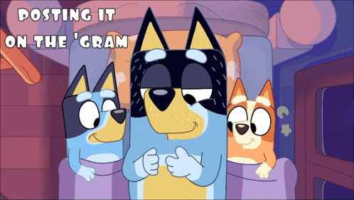 a cartoon of a dog with the words posting it on the gram