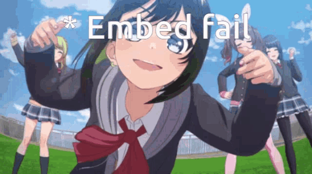 a girl in a school uniform stands in front of a group of girls with the words " embed fail " written above her