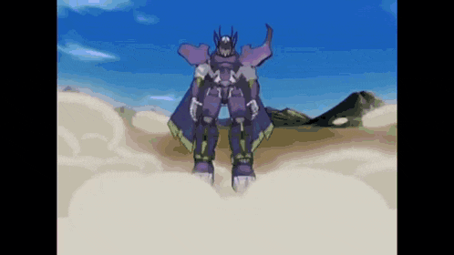 a purple robot is flying through a cloudy sky
