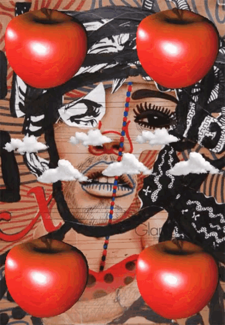 a collage of a woman 's face surrounded by red apples and the word glam on the bottom
