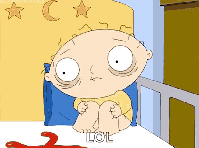 a cartoon character is sitting in a bed with the word lol written on the bottom