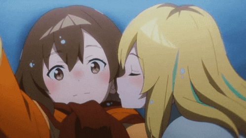 two anime girls are kissing each other and one has blue hair