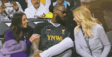 a man in a lebron james jersey is sitting in a stadium with two women .