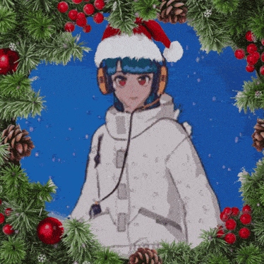 a girl wearing a santa hat and headphones is surrounded by christmas decorations