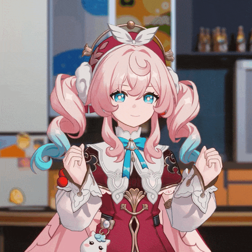 a girl with pink hair and blue eyes is wearing a red and white dress