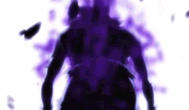 a silhouette of a person standing in a dark room with purple smoke coming out of it .