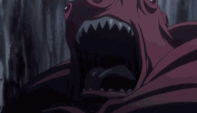 a cartoon drawing of a monster with its mouth open and sharp teeth
