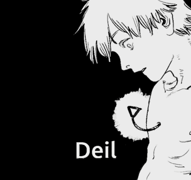 a black and white drawing of a person with the word deil on the bottom
